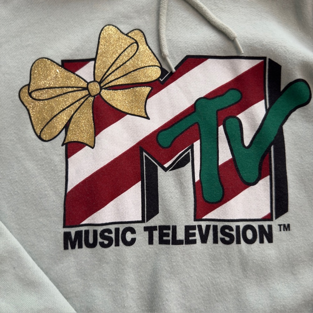 MTV Holiday Logo Hoodie with Gold Bow – Size Medium - Picture 4 of 7